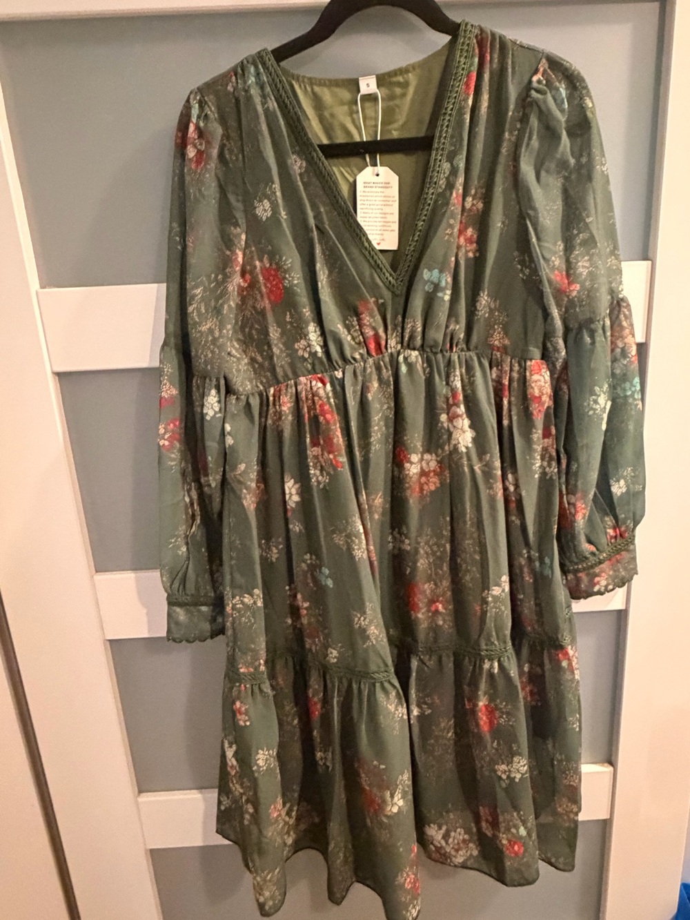 Olive Green Floral Trim Dress - Size S